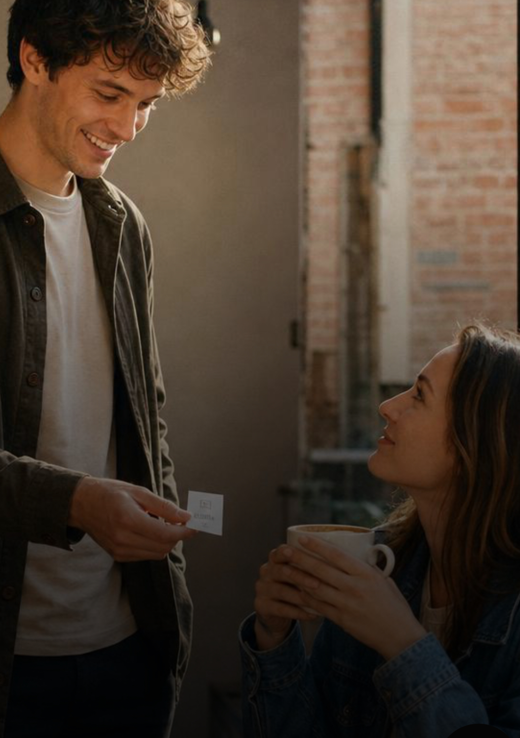 A man in a green jacket hands a card to a woman holding a cappuccino outside a brick cafe.
