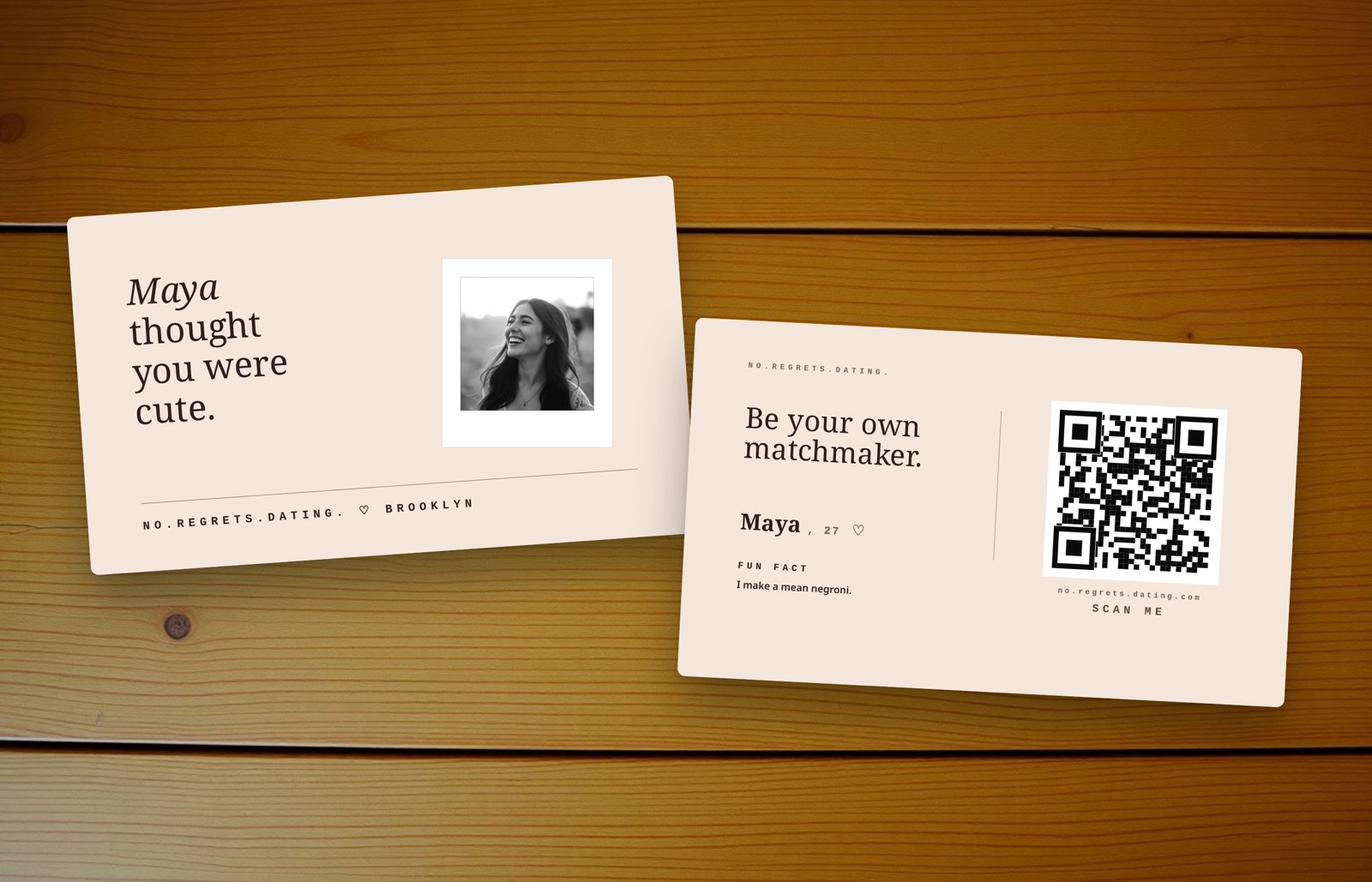 Front and back of a card side by side. The front shows the tagline and city. The back shows the QR code, first name, age, and a fun fact.