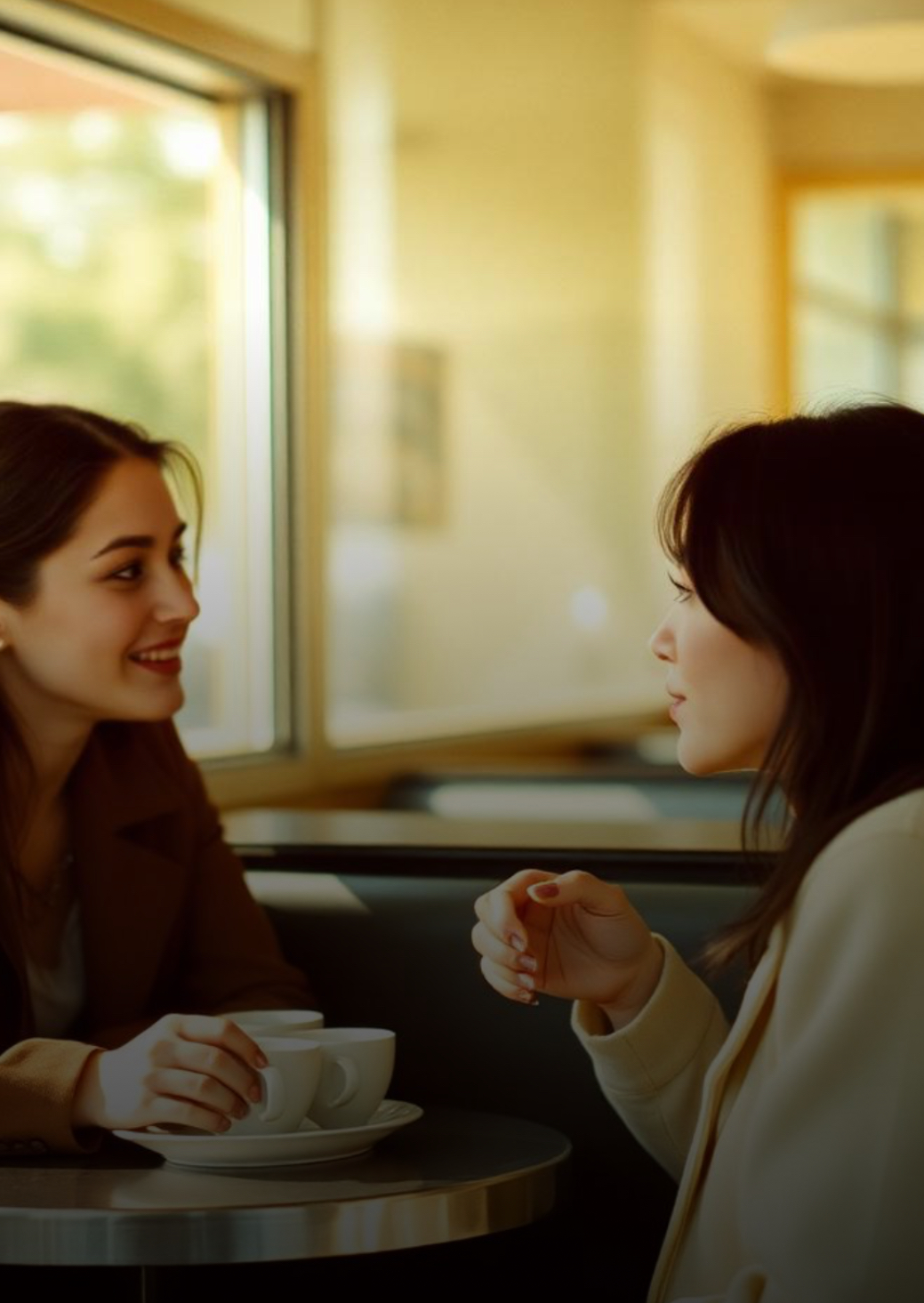 Two friends talking over coffee in a sunlit cafe