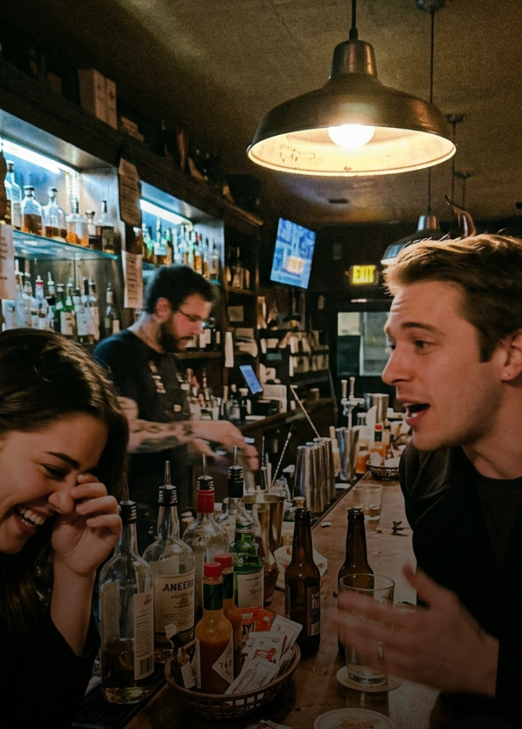 A woman laughing at a bar next to a man mid conversation, cards visible on the counter.